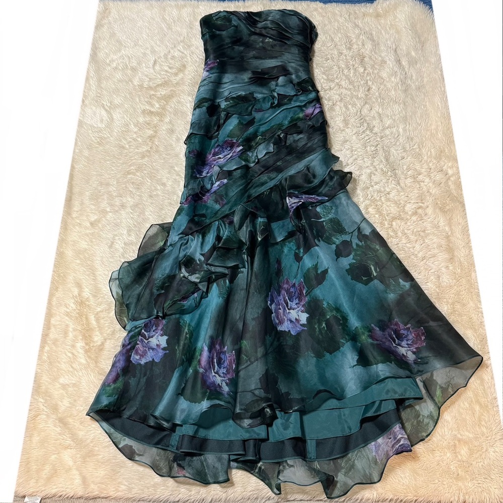 Theia Dark Teal & Purple Floral Strapless Ruffled Gown Size 8 NWT